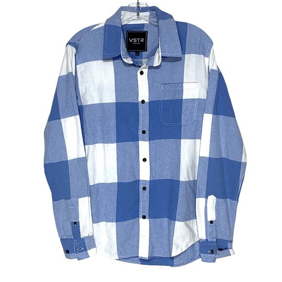 VSTR Blue White Plaid Checks Button Pocket Shirt Mens M Preppy Casual Coastal - Picture 1 of 5